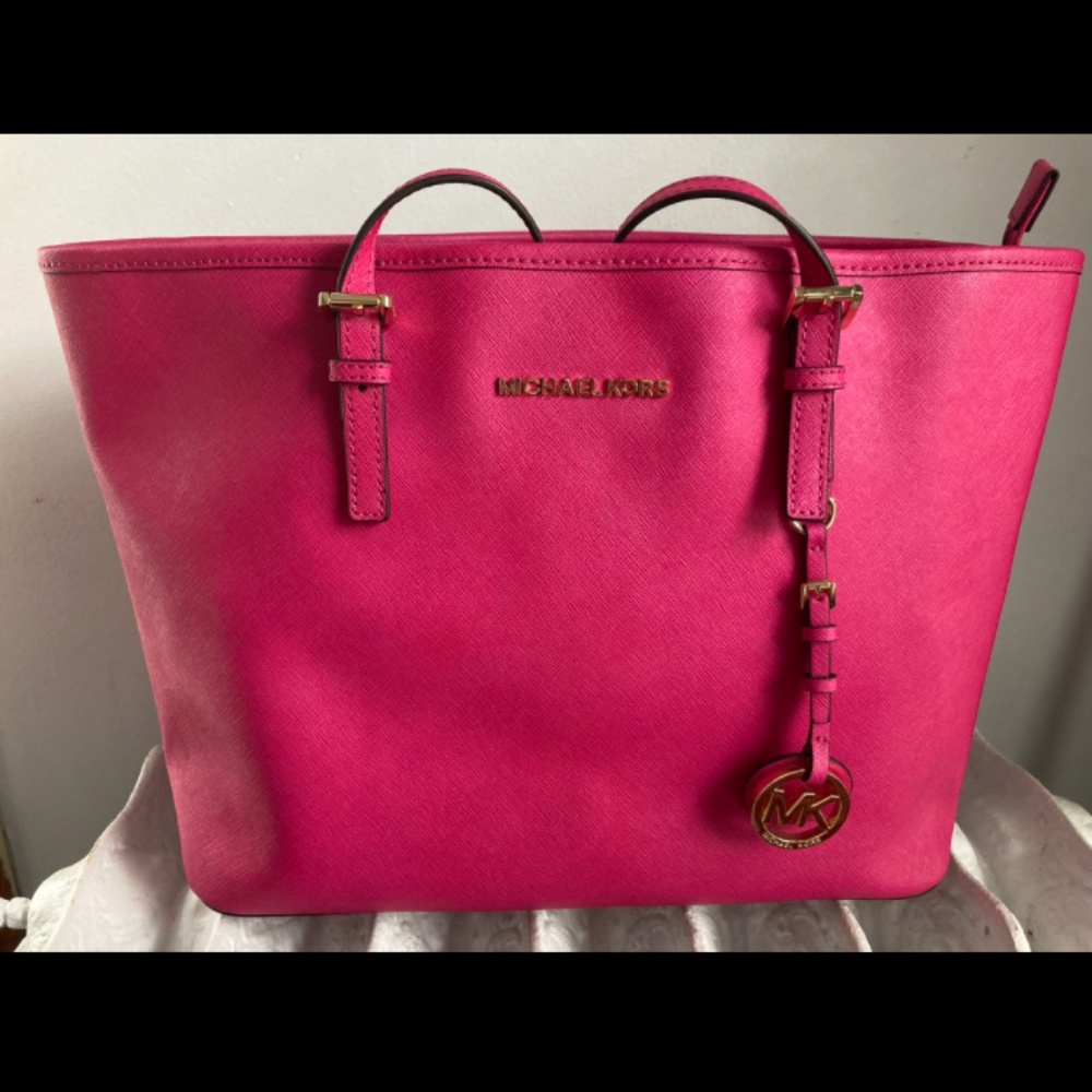 Michael Kors Hot Pink Saffiano Tote with Gold Accents